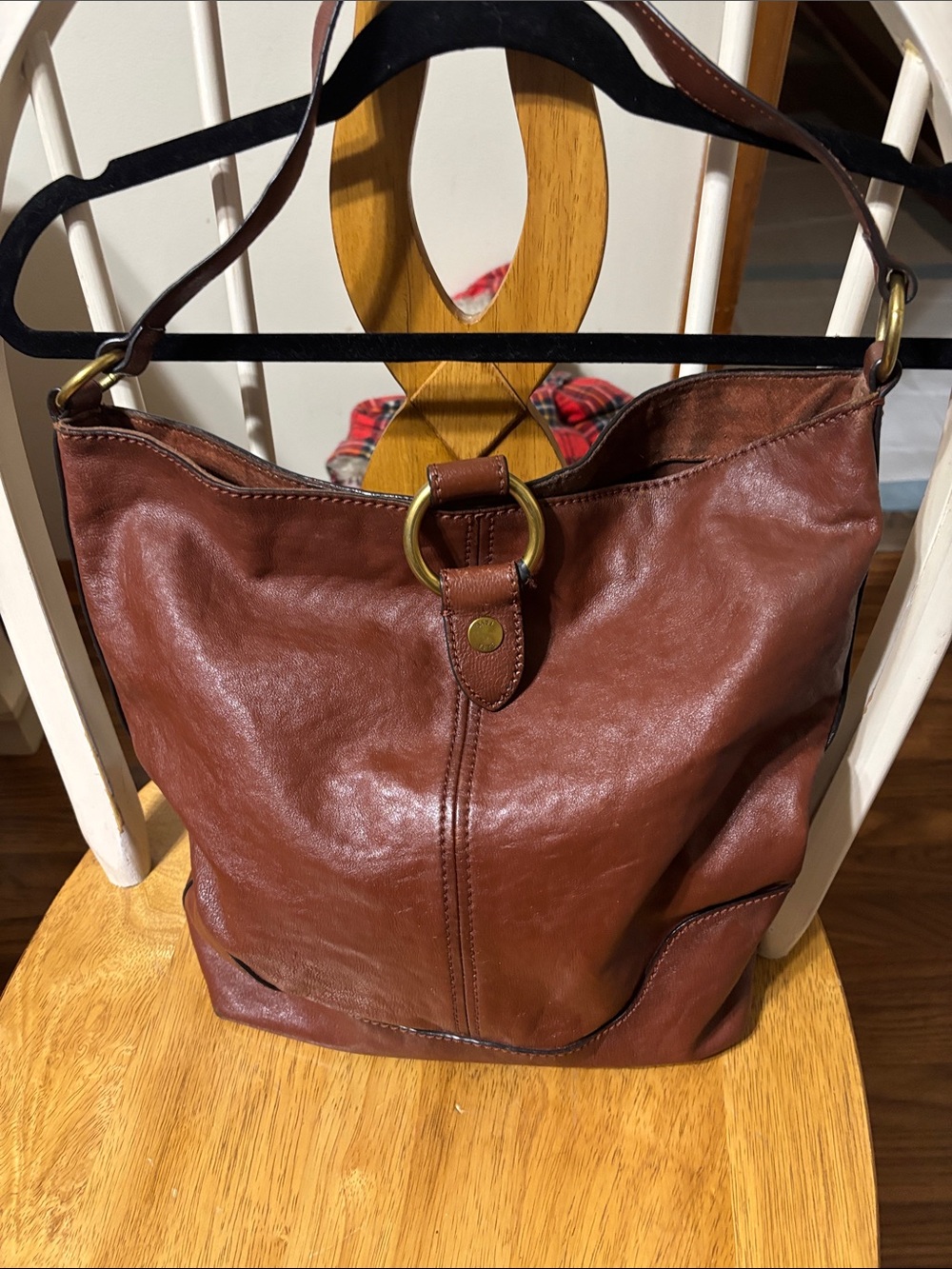 Frye Chestnut Brown Leather Shoulder Bag with Brass Ring Detail